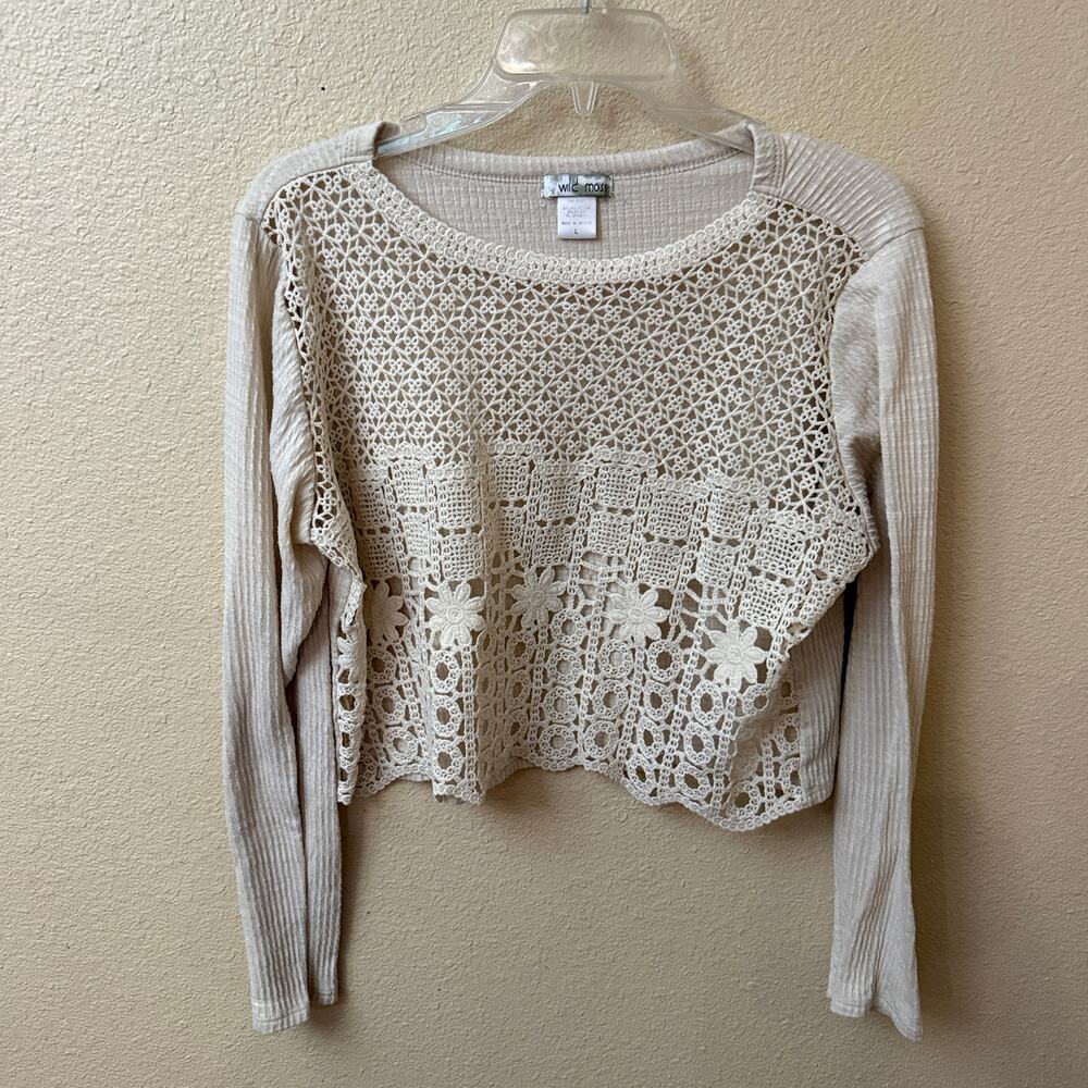 Wild Moss crochet front top ribbed knit sleeves, boho floral geometric cream L